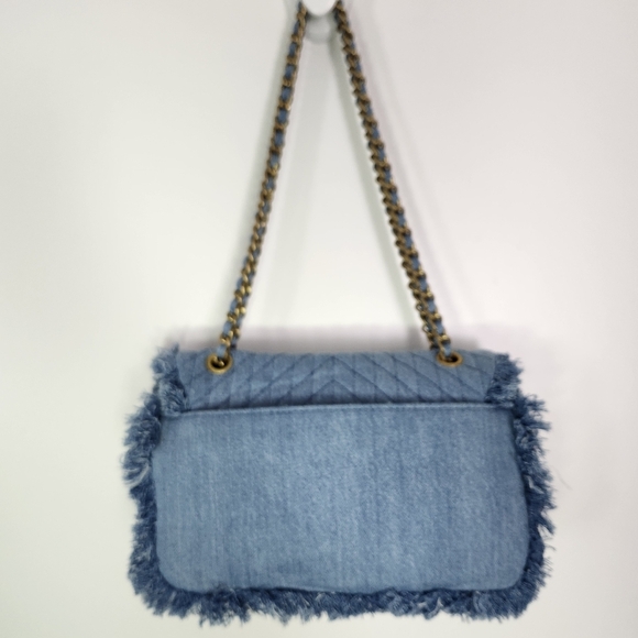 KARL LAGERFELD Agyness Quilted Pearl Chain Fringe Edge Denim Shoulder Bag - Picture 11 of 13
